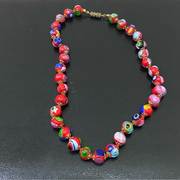Vintage Red Multi Millefiori Venetian Murano Glass Beads Knotted 16” Necklace - Picture 13 of 16